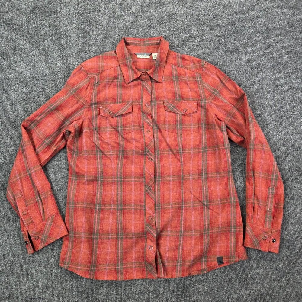 LL Bean Pearl Snap Shirt Womens Medium Western Plaid Button Up Hiking Outdoors M